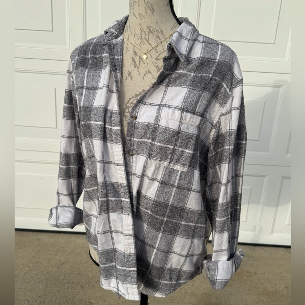 Gray and White Plaid Button-Up Shirt